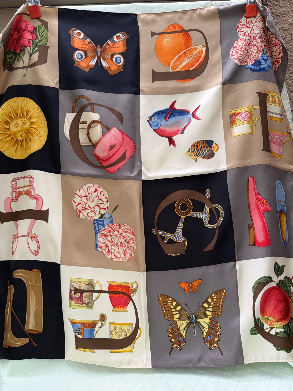 Gucci Vintage Multicolor Silk Scarf In Beige, Brown, Black, Red & Blue